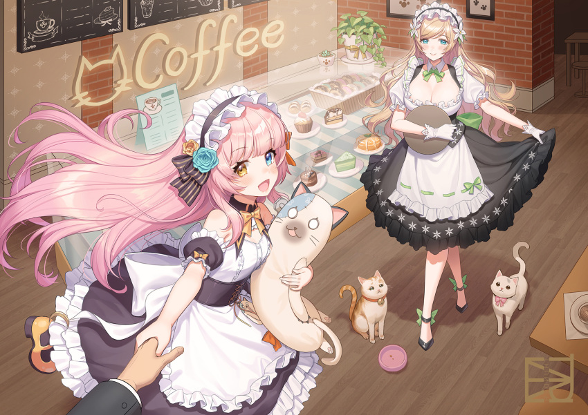 2girls :d ankle_ribbon apron aqua_eyes aqua_flower aqua_rose back_bow bangs bare_shoulders bell black_footwear black_legwear blonde_hair blue_eyes blush bow bowl bowtie breasts brick_wall cake cappuccino_(drink) cat chalkboard character_request cleavage closed_mouth coffee crossed_legs cup cupcake curtsey detached_collar detached_sleeves doughnut dress eyebrows_visible_through_hair flower food frame frilled_dress frills girl_cafe_gun glass gloves grainne_draser_(girl_cafe_gun) green_neckwear green_ribbon hair_flower hair_ornament heterochromia highres holding holding_hands holding_tray indoors jingle_bell leg_up long_hair looking_at_viewer maid_headdress majiang menu multiple_girls open_mouth orange_bow out_of_frame outstretched_arm pantyhose paw_print pet_bowl pink_bow pink_hair plant plate potted_plant pov pov_hands puffy_detached_sleeves puffy_short_sleeves puffy_sleeves pulling ribbon ribbon-trimmed_apron ribbon_trim rose short_sleeves skirt_hold slice_of_cake small_breasts smile standing stool striped striped_ribbon stuffed_animal stuffed_cat stuffed_toy swept_bangs table tray underbust vines waist_apron waitress wall wallpaper_(object) white_apron white_cat white_flower white_gloves wooden_floor yellow_bow yellow_eyes yellow_flower yellow_footwear yellow_neckwear yellow_rose