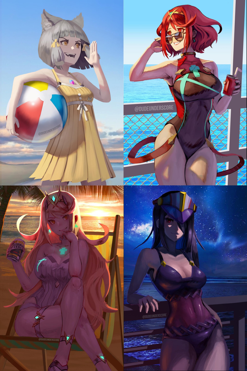 4girls absurdres animal_ears aviator_sunglasses bangs blonde_hair blunt_bangs breasts cat_ears cleavage collarbone covered_navel dress earrings gem hair_ornament hat highres hikari_(xenoblade_2) homura_(xenoblade_2) jacky_lau jewelry large_breasts leotard long_hair looking_at_viewer meleph_(xenoblade) military_hat multiple_girls niyah open_mouth purple_hair red_eyes red_hair reverse_trap ribbon short_hair silver_hair small_breasts smile sunglasses swept_bangs swimsuit twintails very_long_hair xenoblade_(series) xenoblade_2 yellow_eyes