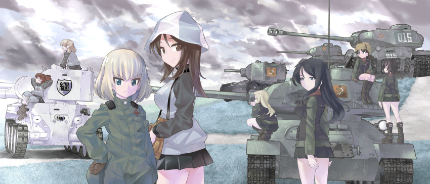 6+girls absurdres aki_(girls_und_panzer) alina_(girls_und_panzer) ankle_boots arm_support arms_behind_back bangs binoculars black_footwear black_gloves black_hair black_skirt black_vest blonde_hair blue_eyes blue_footwear blue_headwear blue_jacket blue_pants blue_skirt boots brown_eyes brown_hair brown_headwear bt-42 carrying clara_(girls_und_panzer) closed_mouth cloud cloudy_sky commentary_request crossed_legs day emblem eyebrows_visible_through_hair from_below from_side frown fur_hat girls_und_panzer gloves grass green_jacket green_jumpsuit ground_vehicle hair_tie hand_on_hip hands_together hat highres huge_filesize inou_takashi insignia is-2 jacket katyusha keizoku_(emblem) keizoku_military_uniform kv-2 leaning_back light_brown_hair long_hair long_sleeves looking_at_another looking_at_viewer looking_back mika_(girls_und_panzer) mikko_(girls_und_panzer) military military_uniform military_vehicle miniskirt motor_vehicle multiple_girls nina_(girls_und_panzer) nonna open_mouth outdoors pants pants_rolled_up pants_under_skirt pleated_skirt pravda_(emblem) raglan_sleeves red_hair red_shirt shirt short_hair short_twintails sitting skirt sky smile squatting sunlight swept_bangs t-34 tank track_jacket track_pants turtleneck twintails uniform ushanka v-shaped_eyebrows vest