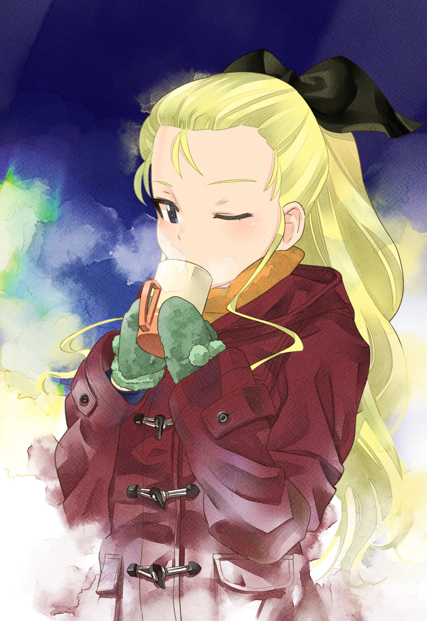 1girl absurdres assam black_ribbon blonde_hair blue_eyes breath brown_jacket casual cup drinking girls_und_panzer green_mittens hair_pulled_back hair_ribbon highres holding holding_cup huge_filesize inou_takashi jacket long_hair long_sleeves one_eye_closed ribbon solo standing texture toggles upper_body winter_clothes