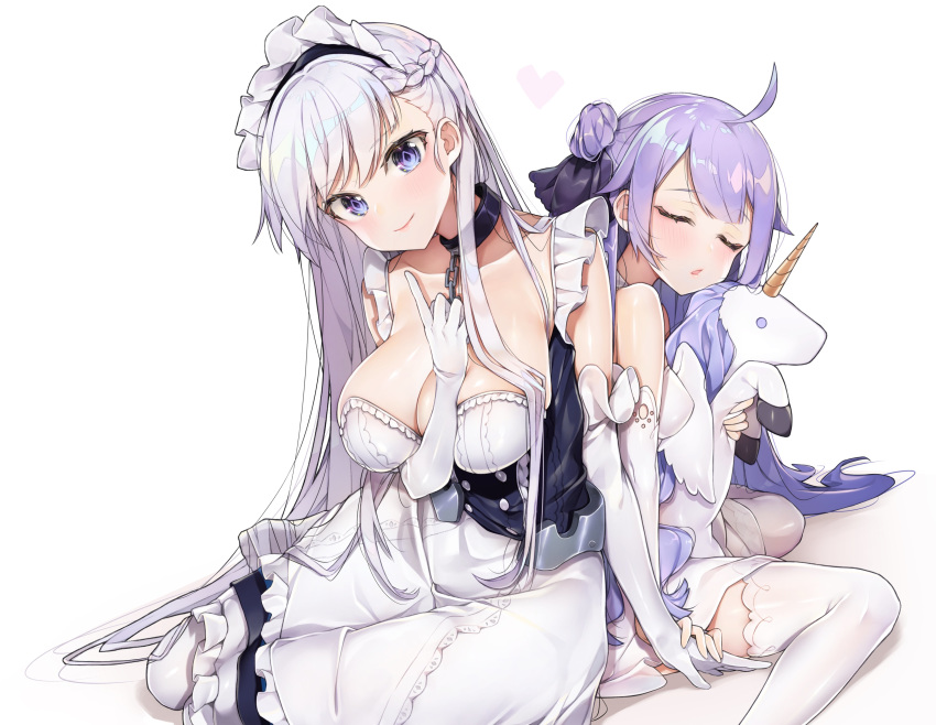 absurdres ahoge apron azur_lane back-to-back bangs bare_shoulders belfast_(azur_lane) black_ribbon blue_eyes blush braid breasts chain cleavage closed_eyes collar collarbone dress eyebrows_visible_through_hair french_braid frills gloves hair_bun hair_ribbon head_tilt highres large_breasts long_hair looking_at_viewer maid maid_headdress one_side_up purple_hair ribbon side_bun silver_hair sitting smile stuffed_animal stuffed_toy thighhighs unicorn_(azur_lane) uniform very_long_hair white_dress white_gloves white_legwear yayoichi_(yoruyoru108)