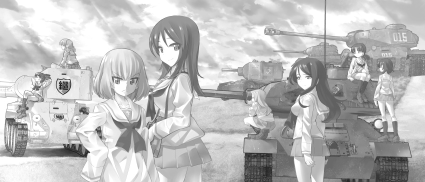 6+girls absurdres aki_(girls_und_panzer) alina_(girls_und_panzer) alternate_costume arm_support arms_behind_back bangs binoculars blouse bt-42 carrying clara_(girls_und_panzer) closed_mouth cloud cloudy_sky crossed_legs day emblem eyebrows_visible_through_hair from_below from_side frown fur_hat girls_und_panzer grass greyscale ground_vehicle hand_on_hip hat hat_removed headwear_removed highres inou_takashi is-2 katyusha keizoku_(emblem) kv-2 leaning_back loafers long_hair long_sleeves looking_at_another looking_at_viewer looking_back mika_(girls_und_panzer) mikko_(girls_und_panzer) military military_vehicle miniskirt monochrome motor_vehicle multiple_girls neckerchief nina_(girls_und_panzer) no_hat no_headwear nonna ooarai_school_uniform open_mouth outdoors oversized_clothes pleated_skirt pravda_(emblem) school_uniform serafuku shoes short_hair short_twintails sitting skirt sky sleeves_past_fingers sleeves_past_wrists smile socks squatting sunlight swept_bangs t-34 tank twintails ushanka v-shaped_eyebrows