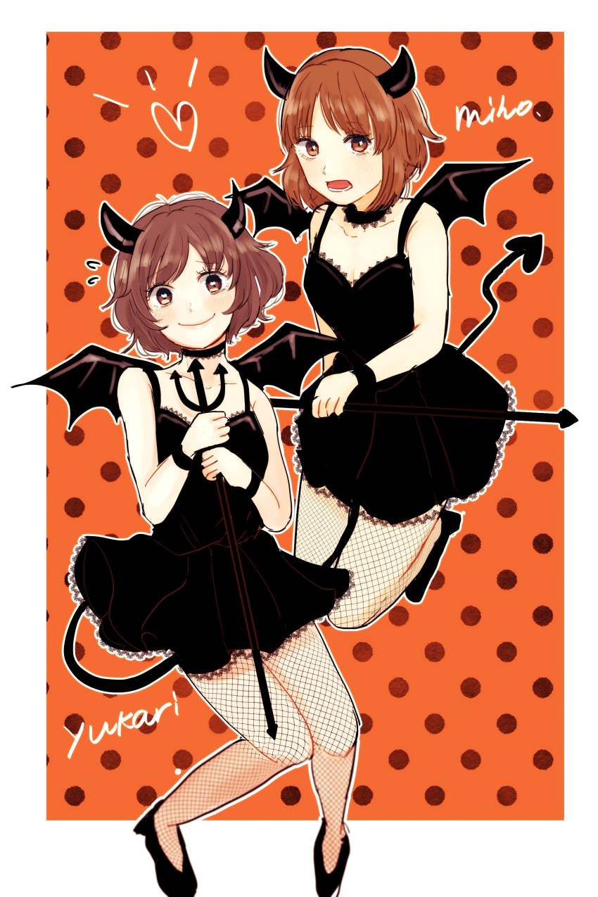 1girl absurdres akiyama_yukari arai_ako bangs black_choker black_dress black_footwear black_wings black_wristband boots bright_pupils brown_eyes brown_hair character_name choker closed_mouth demon_horns demon_tail demon_wings dress eyebrows_visible_through_hair fishnet_legwear fishnets floating flying_sweatdrops frown girls_und_panzer halloween_costume heart high_heel_boots high_heels highres holding horns lace lace-trimmed_choker lace-trimmed_dress lace_trim legs_up looking_at_viewer messy_hair nishizumi_miho open_mouth orange_background outside_border pantyhose pitchfork polka_dot polka_dot_background short_dress short_hair sleeveless sleeveless_dress smile solo tail white_pupils wings wristband