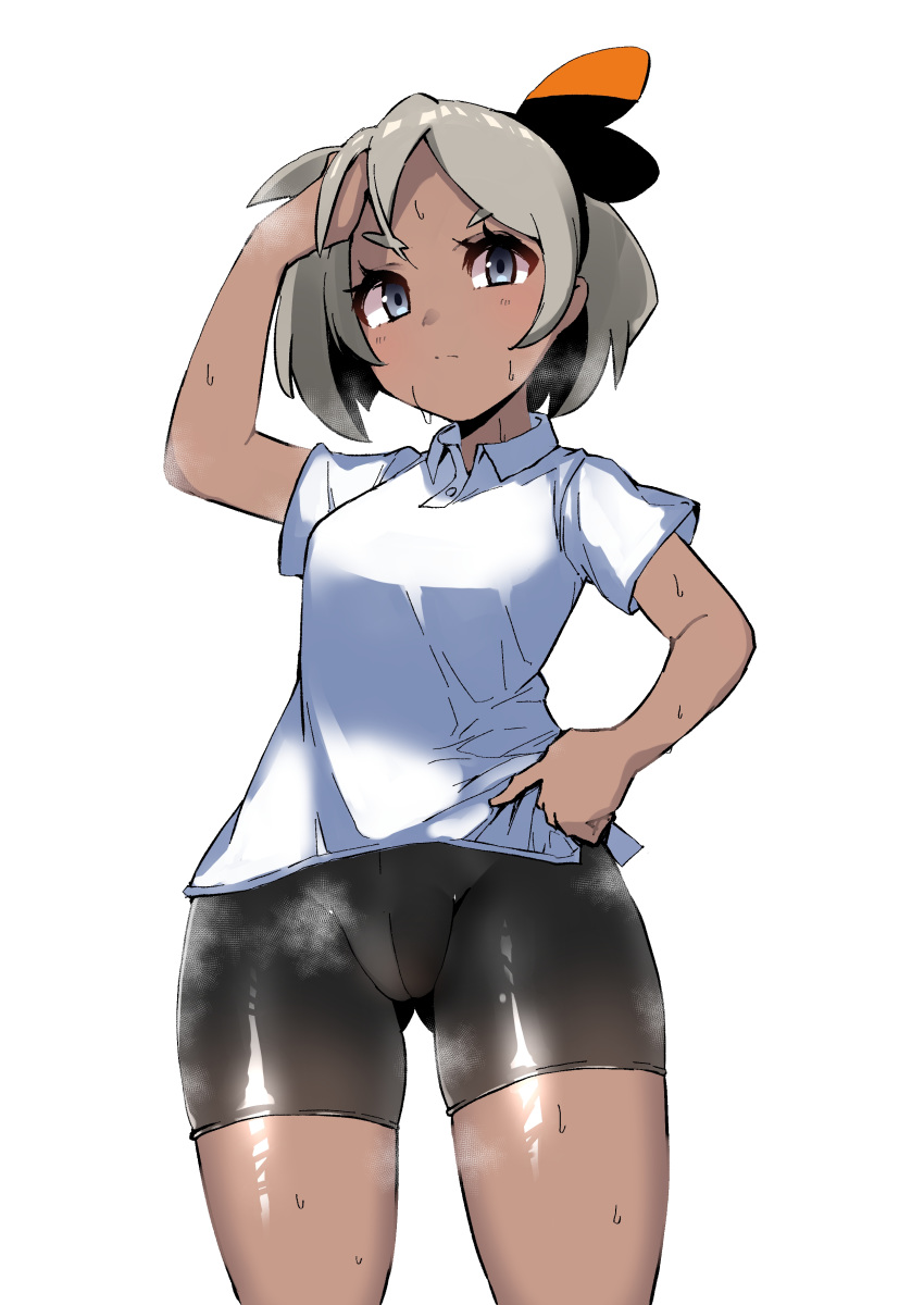 1girl absurdres alternate_costume arm_up ass_visible_through_thighs bike_shorts black_hairband black_ribbon black_shorts blue_eyes blush closed_mouth collared_shirt cowboy_shot dark_skin grey_hair hair_ribbon hairband hand_in_hair hand_up highres kobo_(cobo_0609) looking_at_viewer pokemon pokemon_(game) pokemon_swsh ribbon saitou_(pokemon) shirt short_hair short_sleeves shorts simple_background solo steaming_body sweat thighs white_background white_shirt