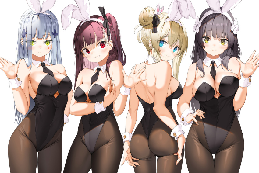 4girls animal_ears ass bangs bare_shoulders black_hair black_legwear blonde_hair blue_eyes blunt_bangs blush bow bowtie breasts bunny_ears bunny_tail bunnysuit cleavage closed_mouth commentary covered_navel detached_collar english_commentary eyebrows_visible_through_hair facial_mark fake_animal_ears girls_frontline green_eyes hair_between_eyes hair_ornament hair_ribbon hairband half_updo hand_on_hip hand_up highleg highleg_leotard highres hk416_(girls_frontline) large_breasts lee_seok_ho leotard long_hair looking_at_viewer looking_back medium_breasts multiple_girls one_side_up pantyhose parted_lips purple_hair purple_leotard qbz-95_(girls_frontline) red_eyes ribbon sidelocks silver_hair simple_background smile suomi_kp31_(girls_frontline) tail teardrop very_long_hair wa2000_(girls_frontline) white_background white_hairband wrist_cuffs