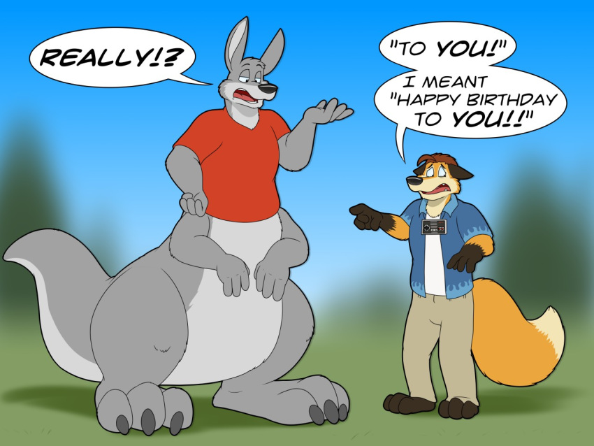 4:3 anthro bottomwear canid canine clothing dialogue fox implied_transformation kangaroo kitsunekit macropod male mammal marsupial multi_arm multi_limb outside pants plantigrade shirt speech_bubble standing text thick_tail topwear transformation tyvulpine