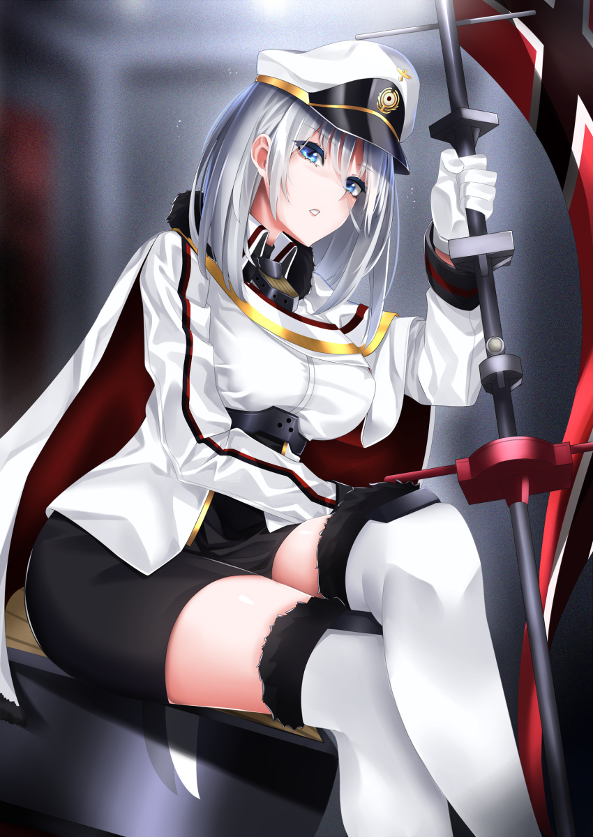 1girl azur_lane bangs blue_eyes breasts cape commentary_request crossed_legs eyebrows_visible_through_hair fur-trimmed_cape fur_collar fur_trim gloves hair_between_eyes hat highres holding holding_weapon large_breasts long_hair military military_hat military_uniform parted_lips peaked_cap silver_hair sitting surota thighhighs thighs tirpitz_(azur_lane) uniform weapon white_gloves