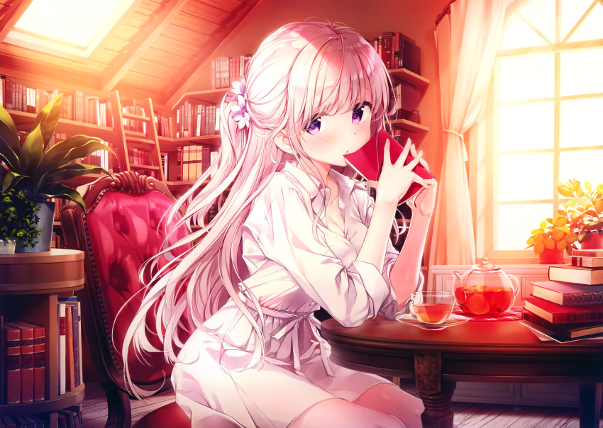 book breasts cleavage cropped flowers kimishima_ao long_hair original pink_eyes pink_hair scan