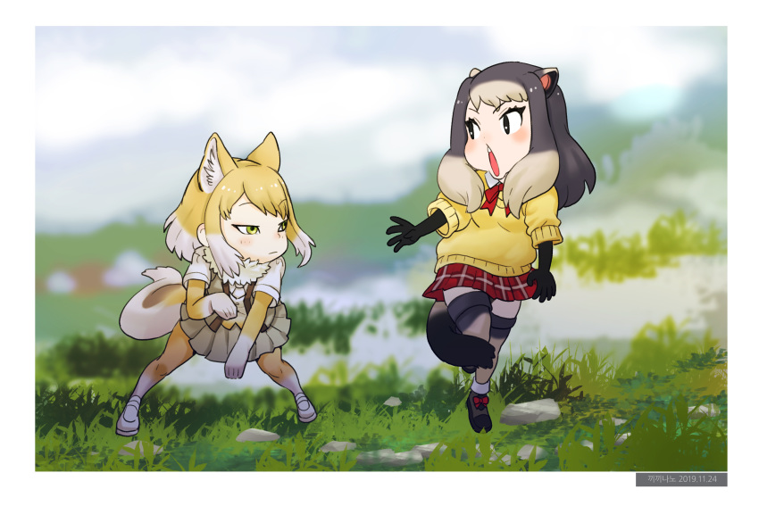 2girls absurdres animal_ears black_hair blonde_hair blurry blurry_background blush closed_mouth dated fox_ears fox_girl fox_tail fur_collar gloves green_eyes highres kemono_friends long_hair looking_at_another multicolored_hair multiple_girls open_mouth photo-referenced pleated_skirt red_skirt roonhee short_sleeves sidelocks skirt standing tail thighhighs tibetan_sand_fox_(kemono_friends) two-tone_hair vest white_hair