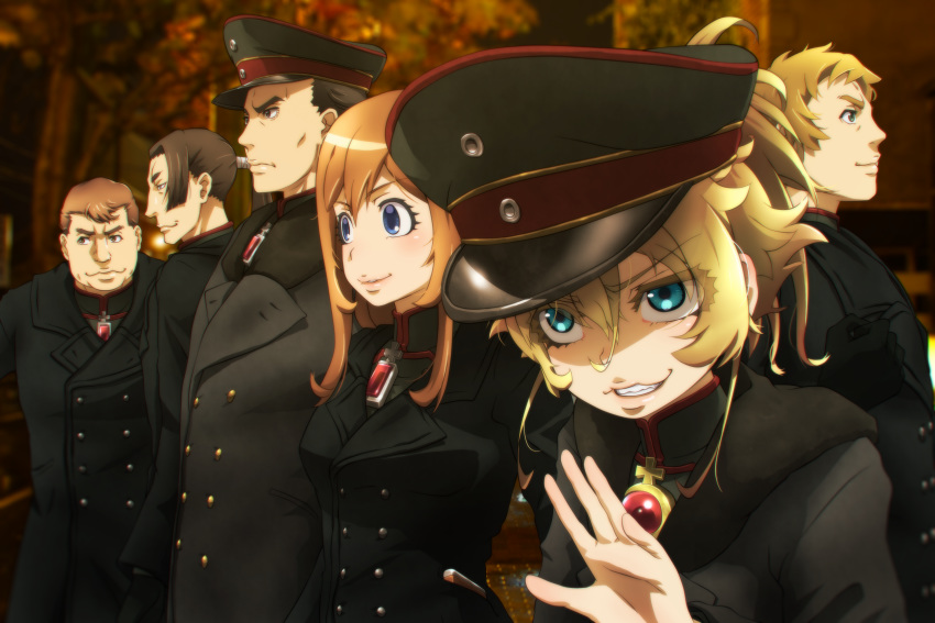 aqua_eyes blonde_hair blue_eyes blush breasts evil_smile genya_(genya67) green_eyes hat highres iron_cross lips long_hair medal military military_hat military_uniform smile soldier tanya_degurechaff uniform viktoriya_ivanovna_serebryakov youjo_senki