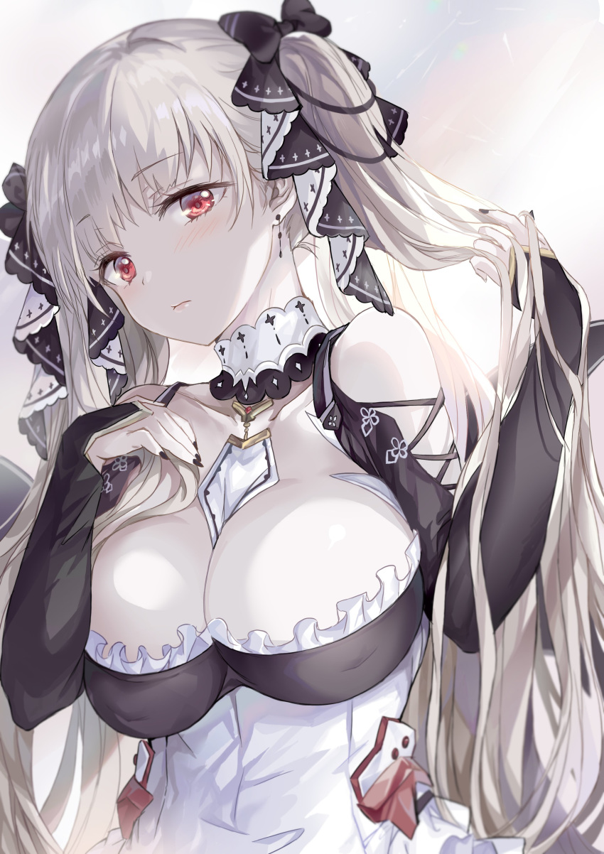 1girl absurdres azur_lane bangs bare_shoulders between_breasts black_dress black_nails blush breasts cleavage dress earrings eyebrows_visible_through_hair formidable_(azur_lane) frilled_dress frills grey_hair hair_ribbon hand_in_hair highres jewelry large_breasts long_hair long_sleeves looking_at_viewer red_eyes ribbon rigging saya_(mychristian2) solo twintails two-tone_dress two-tone_ribbon upper_body very_long_hair