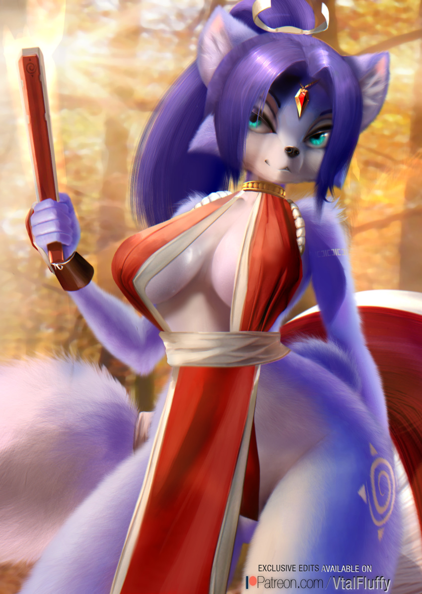 absurd_res asian_clothing blue_body blue_fur canid canine chinese_clothing clothing cosplay dress east_asian_clothing fatal_fury female fox fur hi_res krystal looking_at_viewer mai_shiranui mammal nintendo solo star_fox v-tal video_games