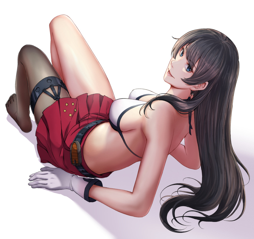 1girl agano_(kantai_collection) asymmetrical_legwear bare_shoulders bikini black_hair blush breasts edwin_(cyberdark_impacts) gloves green_eyes highres kantai_collection large_breasts long_hair looking_at_viewer open_mouth pleated_skirt reclining red_skirt single_thighhigh skirt smile solo swimsuit thigh_strap thighhighs white_bikini white_gloves