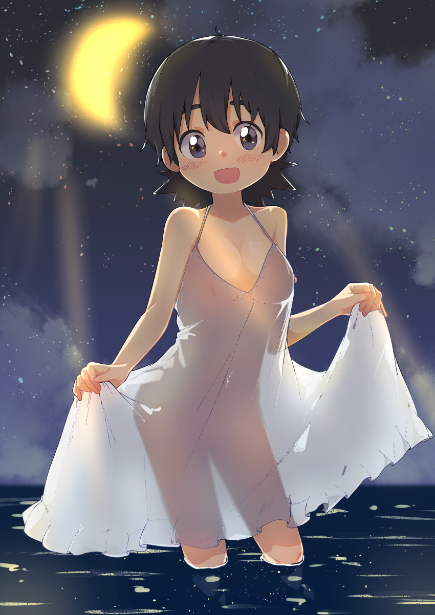 1girl absurdres blush breasts brown_hair bural_chingu cleavage dress eyebrows highres looking_at_viewer night open_mouth outdoors purple_eyes see-through seong_mi-na_(bural_chingu) short_hair skirt_hold small_breasts smile solo sundress tareme wading water white_dress wweed