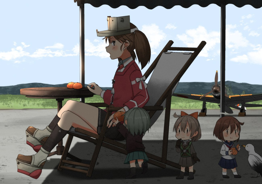 4girls aircraft aircraft_request airplane albatross annin_musou black_skirt blue_sky brown_hair chair cloud commentary_request day fairy_(kantai_collection) folding_chair food fruit full_body japanese_clothes kantai_collection kariginu magatama mandarin_orange multiple_girls outdoors platform_footwear pleated_skirt red_shirt ryuujou_(kantai_collection) school_uniform serafuku shirt sitting skirt sky table twintails visor_cap