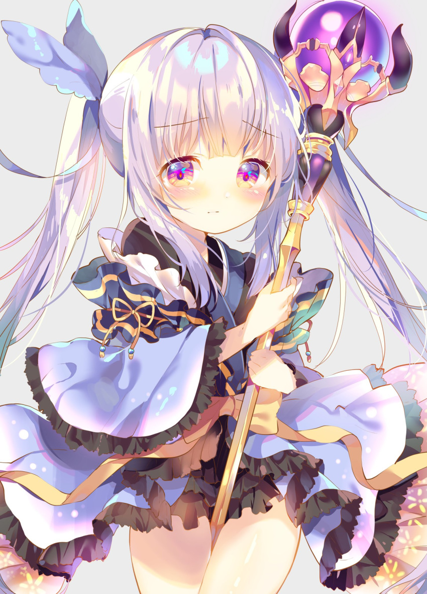 1girl between_legs between_thighs blue_kimono blue_ribbon blush closed_mouth grey_background hair_ribbon highres hikawa_kyoka holding holding_staff japanese_clothes kimono long_hair long_sleeves orb princess_connect! princess_connect!_re:dive purple_eyes purple_hair ribbon rokomoko sidelocks simple_background solo staff twintails very_long_hair wide_sleeves