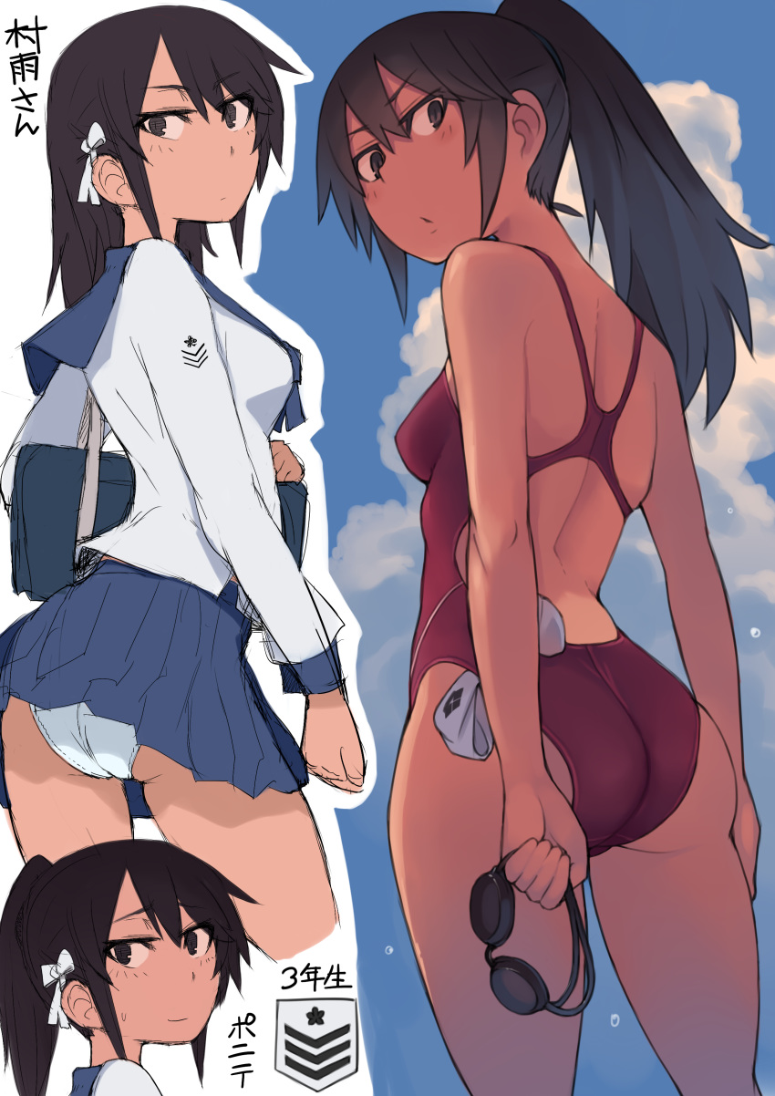 1girl absurdres ass badge bag black_eyes black_hair blue_sailor_collar blue_skirt closed_mouth commentary_request competition_swimsuit cowboy_shot dark_skin eyebrows_visible_through_hair from_behind goggles hair_between_eyes headgear_removed highres holding_goggles long_sleeves looking_at_viewer looking_back lvi multiple_views one-piece_swimsuit original panties pantyshot pleated_skirt ponytail red_swimsuit revision ribbon sailor_collar school_bag school_uniform skirt sleeve_cuffs standing swim_cap swimsuit tan translation_request underwear wedgie white_panties white_ribbon