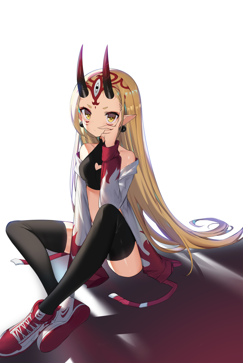 1girl absurdres bare_shoulders between_legs black_legwear blonde_hair breasts cleavage cleavage_cutout collarbone crop_top earrings facial_mark fate/grand_order fate_(series) hand_up heart_cutout highres ibaraki_douji_(fate/grand_order) index_finger_raised jacket jewelry long_hair long_sleeves looking_at_viewer midriff off_shoulder oni_horns open_clothes open_jacket pointy_ears shirt shoes sidelocks simple_background sitting sleeveless sleeveless_shirt sneakers solo thighhighs tttanggvl very_long_hair white_background white_jacket yellow_eyes