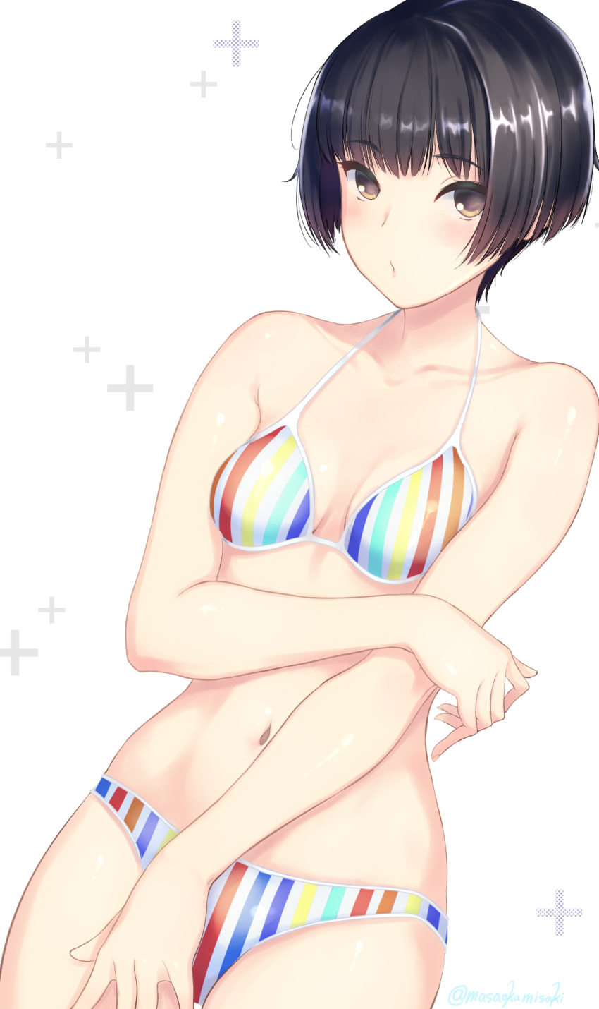 1girl arm_across_waist bangs bare_arms bare_shoulders bikini black_hair blush bob_cut breasts brown_eyes cleavage closed_mouth collarbone colored_stripes commentary_request cowboy_shot eyebrows_visible_through_hair highres kobayakawa_rinko looking_at_viewer love_plus masaoka_misaki multicolored multicolored_bikini multicolored_clothes navel plus_sign short_hair simple_background solo striped swimsuit twitter_username vertical-striped_bikini vertical_stripes white_background