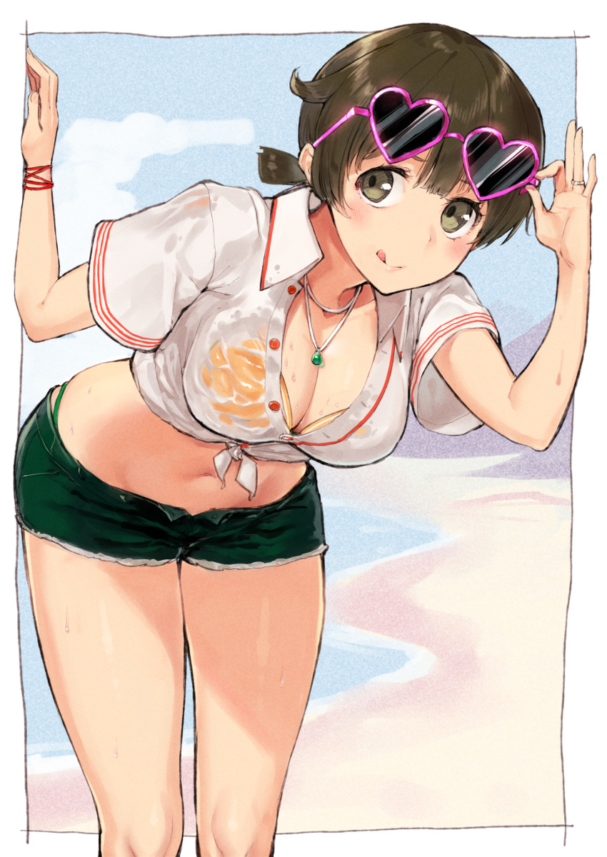 :p alternate_costume alternate_hairstyle bracelet breasts brown_eyes brown_hair cleavage eyewear_on_head green_shorts highres hiryuu_(kantai_collection) jewelry kantai_collection large_breasts looking_at_viewer necklace orange_bikini_top poco_(backboa) ring short_hair short_shorts short_sleeves shorts sunglasses tongue tongue_out wedding_band wet wet_clothes