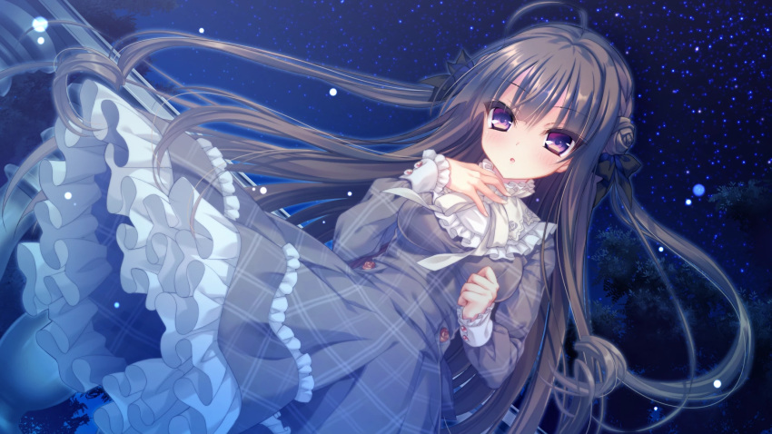 boukyaku_shitsuji_to_koi_suru_ojou-sama_no_memoir bow brown_hair campus chidori_hinano dress game_cg lolita_fashion long_hair night purple_eyes rubi-sama stars