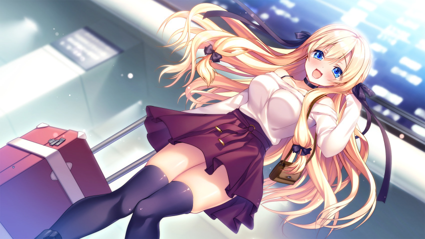 ama_ane_-my_sweet_sister- ayuma_sayu blonde_hair blue_eyes blush bow campus choker game_cg kujou_alice long_hair ribbons skirt thighhighs zettai_ryouiki