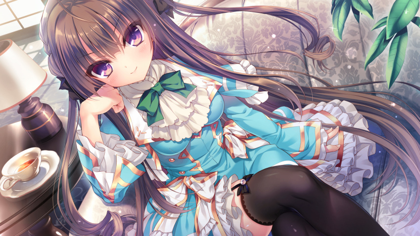 blush boukyaku_shitsuji_to_koi_suru_ojou-sama_no_memoir bow brown_hair campus chidori_hinano dress game_cg lolita_fashion long_hair purple_eyes rubi-sama stockings twintails