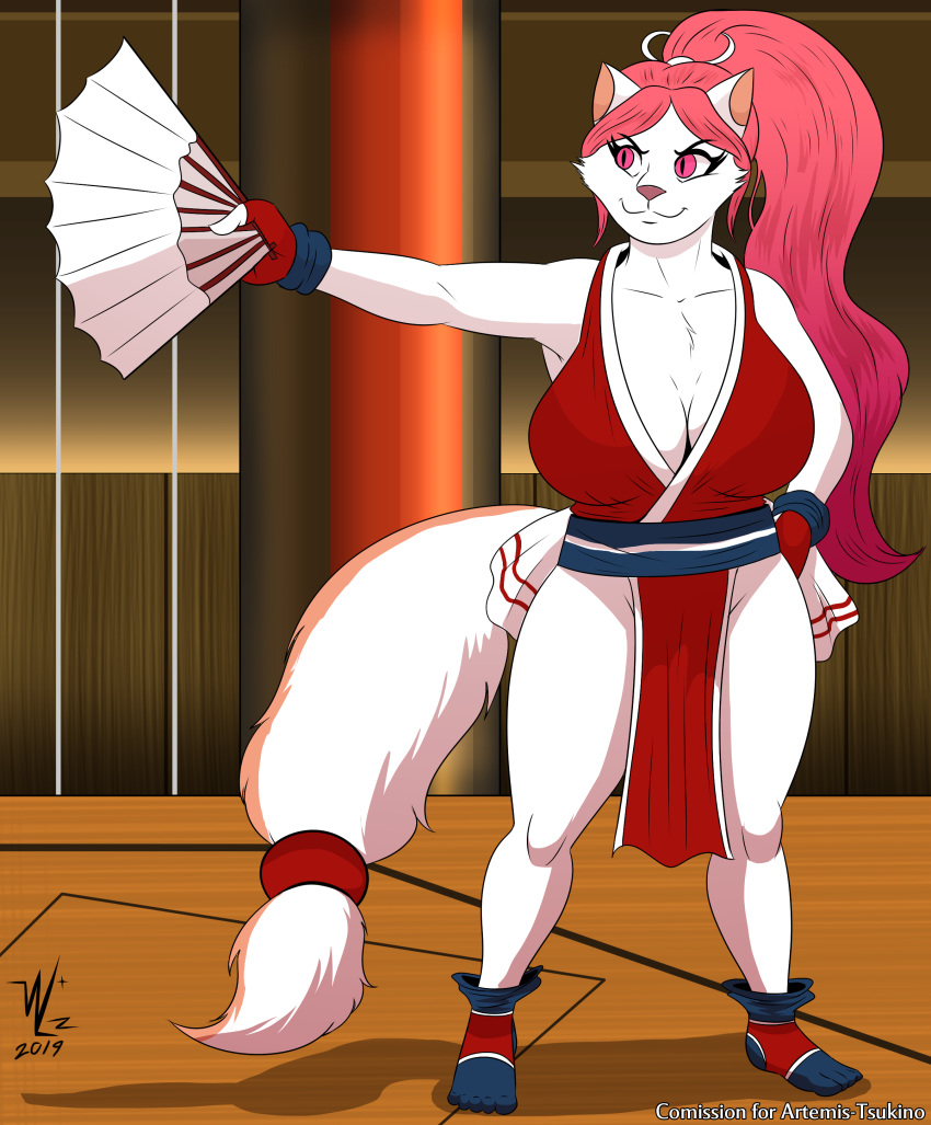 &gt;:3 absurd_res accessory anthro artemis_tsukino asian_clothing beowulf100 big_breasts breasts cleavage clothed clothing cosplay domestic_cat fatal_fury felid feline felis female fur gloves hair hair_accessory hair_ribbon handwear hi_res king_of_fighters long_hair long_tail mai_shiranui mammal paper_fan pink_eyes pink_hair pink_nose ponytail pose ribbons short_stack solo video_games white_body white_fur wristband