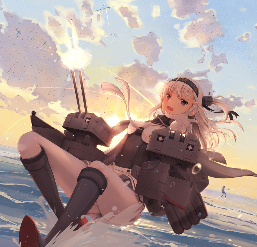 +_+ 2girls absurdres aircraft aircraft_request backlighting bangs black_headband bodysuit breasts cape character_request chou-10cm-hou-chan_(suzutsuki's) clothes_writing cloud cloudy_sky commentary_request firing grey_cape hachimaki hair_ornament headband highres holding holding_weapon kantai_collection long_hair looking_at_viewer medium_breasts multiple_girls neckerchief ocean one_eye_closed one_side_up outdoors pantyhose pleated_skirt propeller_hair_ornament rigging ryouh.s sailor_collar silver_hair skin_tight skirt sky splashing standing standing_on_liquid sunset suzutsuki_(kantai_collection) sweat tagme torpedo torpedo_tubes turret water water_drop weapon white_bodysuit white_legwear white_neckwear