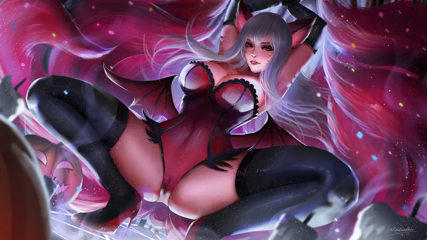 ahri animal_ears armpits black_legwear cameltoe candle covered_navel dutch_angle high_heels highres jack-o'-lantern kaze_no_gyouja league_of_legends lips long_hair looking_at_viewer multiple_tails pole_dancing pumpkin red_eyes silver_hair smoke spread_legs squatting tail tongue tongue_out wings