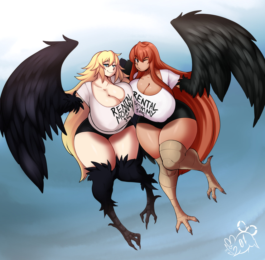 absurd_res allysia_(killy) alternate_species animal_humanoid avian avian_humanoid big_breasts blonde_hair breasts brown_eyes brown_hair clothed clothing curvy_figure digital_media_(artwork) duo female hair harpy hi_res huge_breasts humanoid looking_at_viewer mature_female meganemausu monster_girl_(genre) rental_mommy rental_mommy_shirt shirt simple_background thick_thighs topwear voluptuous wide_hips