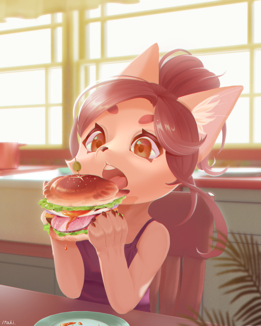 absurd_res anthro brown_eyes brown_hair burger camisole canid canine chair cheek_tuft cheese chromatic_aberration clothing cub dairy_products eating egg facial_tuft female food fox fur furniture hair ham hi_res holding_food holding_object inner_ear_fluff inside itaki. kemono lettuce mammal meat onion open_mouth plant plate pork signature sitting solo table tongue tuft vegetable young