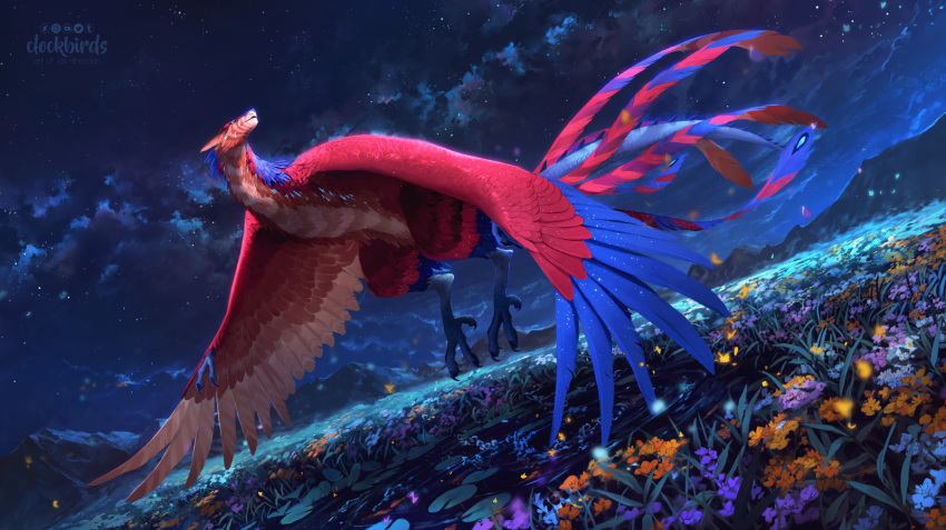 2019 blue_body blue_feathers claws clockbirds detailed_background digital_media_(artwork) dragon feathered_wings feathers feral flower flying grass hi_res night outside plant red_body red_feathers sky star starry_sky wings wyvern