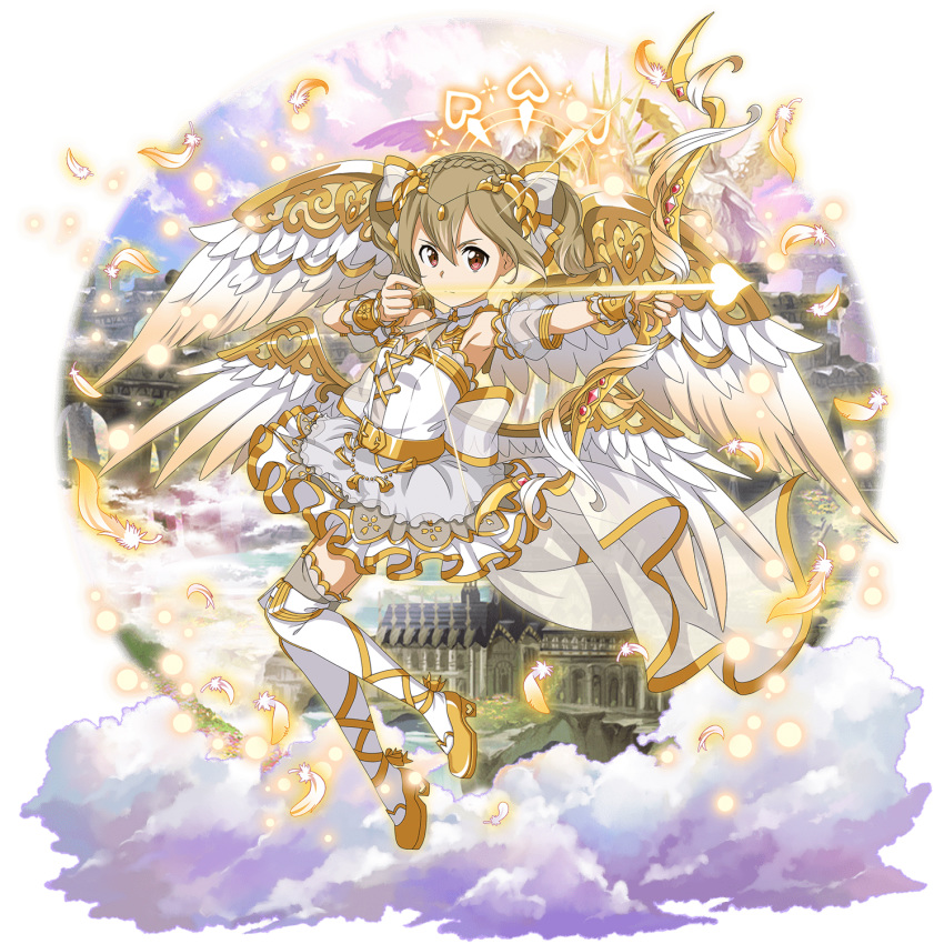 1girl ankle_ribbon armpits arrow belt_buckle bow_(weapon) brown_hair buckle closed_mouth detached_sleeves feathered_wings floating_hair full_body hair_between_eyes hair_ornament highres holding holding_arrow holding_bow_(weapon) holding_weapon layered_skirt looking_at_viewer medium_hair miniskirt official_art pleated_skirt red_eyes ribbon see-through short_sleeves silica skirt solo sword_art_online thighhighs transparent_background weapon white_feathers white_legwear white_skirt white_wings wings wrist_cuffs yellow_belt yellow_footwear yellow_ribbon zettai_ryouiki