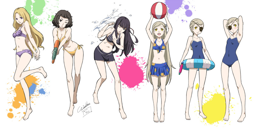 6+girls ;) ;o arms_behind_back arms_behind_head arms_up ass_visible_through_thighs ball barefoot beachball bikini bikini_skirt black_bikini black_hair blonde_hair blue_bikini blue_swimsuit blush braid breasts brown_eyes brown_hair caroline_(persona_5) cleavage dated eyepatch flat_chest floral_print full_body holding holding_ball innertube interlocked_fingers justine_(persona_5) kawakami_sadayo lavenza leaning_forward long_hair looking_at_viewer medium_breasts mifune_chihaya multiple_girls navel one-piece_swimsuit one_eye_closed open_mouth orange_bikini persona persona_5 print_bikini purple_bikini purple_eyes short_hair siblings side-tie_bikini signature simple_background sisters small_breasts smile splatter spoilers standing standing_on_one_leg striped striped_bikini swimsuit tougou_hifumi twins very_long_hair water water_gun werkbau white_background yellow_eyes