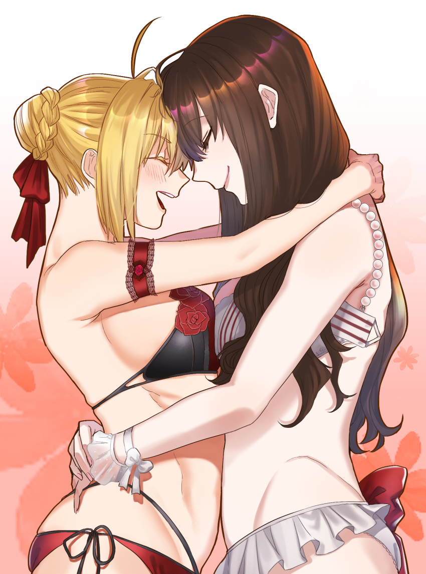 2girls :d ahoge arm_strap bikini black_bikini_top blonde_hair bow braid braided_bun brown_hair closed_eyes closed_mouth fate/extra fate_(series) frilled_bikini_bottom from_side hair_bow hair_intakes highres hug kishinami_hakuno_(female) long_hair mai0124 multi-strapped_bikini multiple_girls nero_claudius_(fate) nero_claudius_(fate)_(all) open_mouth red_bikini red_bow ribbon shiny shiny_hair smile striped_bikini_top swimsuit tied_hair very_long_hair white_bikini white_ribbon wrist_ribbon yuri