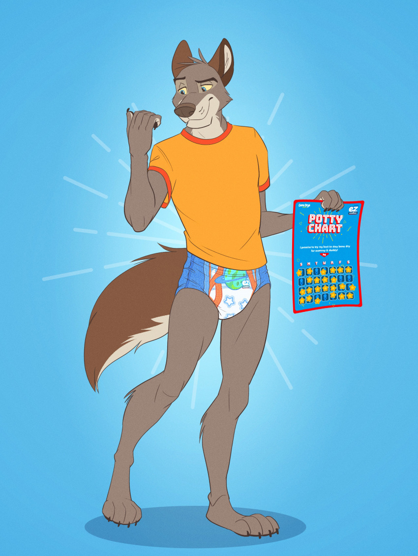 2019 5_fingers absurd_res anthro blue_background blue_eyes brooks canid canine canis clothing colt3n diaper fingers fur grey_body grey_fur hi_res male mammal pull-ups_(diaper) shirt simple_background solo standing topwear wolf yellow_sclera