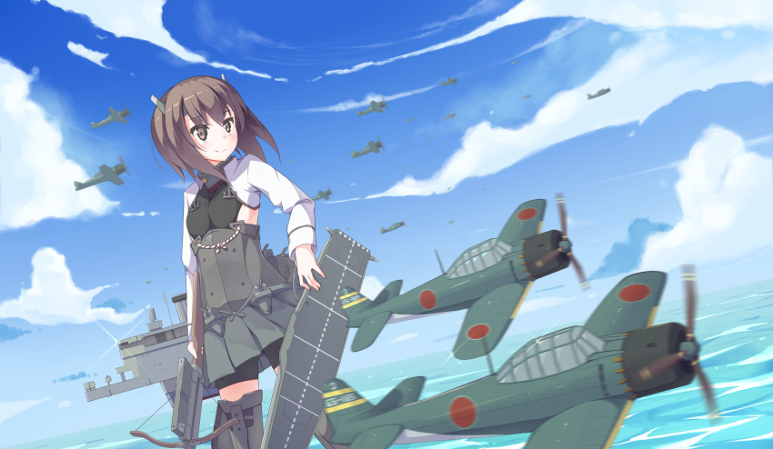 1girl absurdres aircraft anchor bangs bike_shorts blush boots bow_(weapon) brown_hair cloud crossbow day flat_chest flight_deck gedoo_(gedo) headband headgear highres holding holding_weapon kantai_collection long_sleeves ocean outdoors rigging short_hair shorts shorts_under_skirt skirt sky smile solo taihou_(kantai_collection) thigh_boots thighhighs water weapon