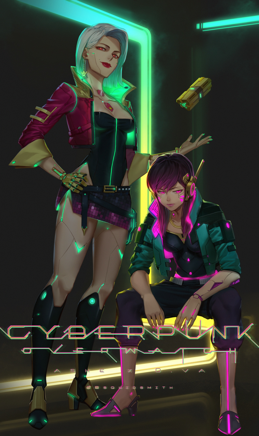 2girls absurdres ashe_(overwatch) bangs belt black_leotard bob_cut boots breasts cleavage closed_mouth commentary cropped_jacket cyberpunk cyborg d.va_(overwatch) earrings frown full_body glowing glowing_eyes hand_on_hip high_heel_boots high_heels highleg highleg_leotard highres jacket jewelry leotard leotard_under_clothes long_hair looking_at_viewer medium_breasts microskirt multiple_girls necklace neon_lights open_clothes open_jacket overwatch pants pink_lips purple_eyes purple_hair purple_skirt red_eyes red_lips robot_ears robot_joints short_hair side_slit skirt sleeve_cuffs sleeves_pushed_up smile squidsmith standing swept_bangs tossing unzipped whisker_markings white_hair