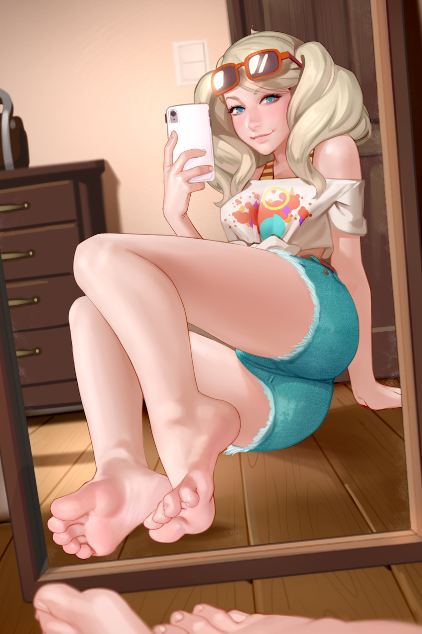 1girl absurdres ass barefoot blonde_hair blue_eyes cellphone closed_mouth denim denim_shorts eyewear_on_head feet highres holding holding_cellphone holding_phone indoors kairuhentai long_hair looking_at_viewer mirror nose off_shoulder on_floor persona persona_5 phone reflection self_shot short_sleeves shorts smile solo sunglasses takamaki_anne toes twintails