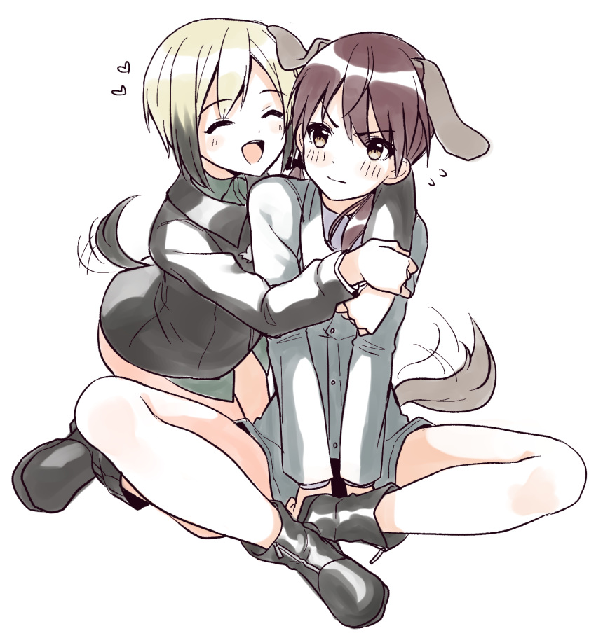 2girls :d afterimage animal_ears bangs black_footwear black_jacket blonde_hair blush boots brown_eyes brown_hair closed_eyes closed_mouth collared_shirt dog_ears dog_girl dog_tail erica_hartmann eyebrows_visible_through_hair flying_sweatdrops gertrud_barkhorn green_shirt grey_jacket highres hug ichiren_namiro jacket long_hair long_sleeves low_twintails multicolored_hair multiple_girls open_mouth shirt simple_background sitting smile streaked_hair strike_witches tail tail_wagging twintails white_background world_witches_series