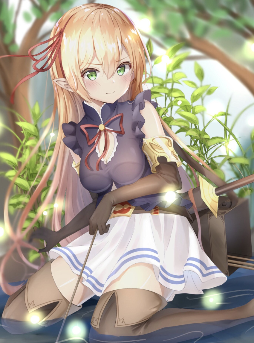 1girl arisa_(shadowverse) bangs bare_shoulders belt blonde_hair blush boots breasts commentary elbow_gloves elf eyebrows_visible_through_hair gloves green_eyes hair_ribbon highres holding in_water kichi_(kichifav) kneeling long_hair looking_at_viewer medium_breasts pointy_ears princess_connect! princess_connect!_re:dive red_ribbon ribbon shadowverse skirt smile solo thigh_boots thighhighs