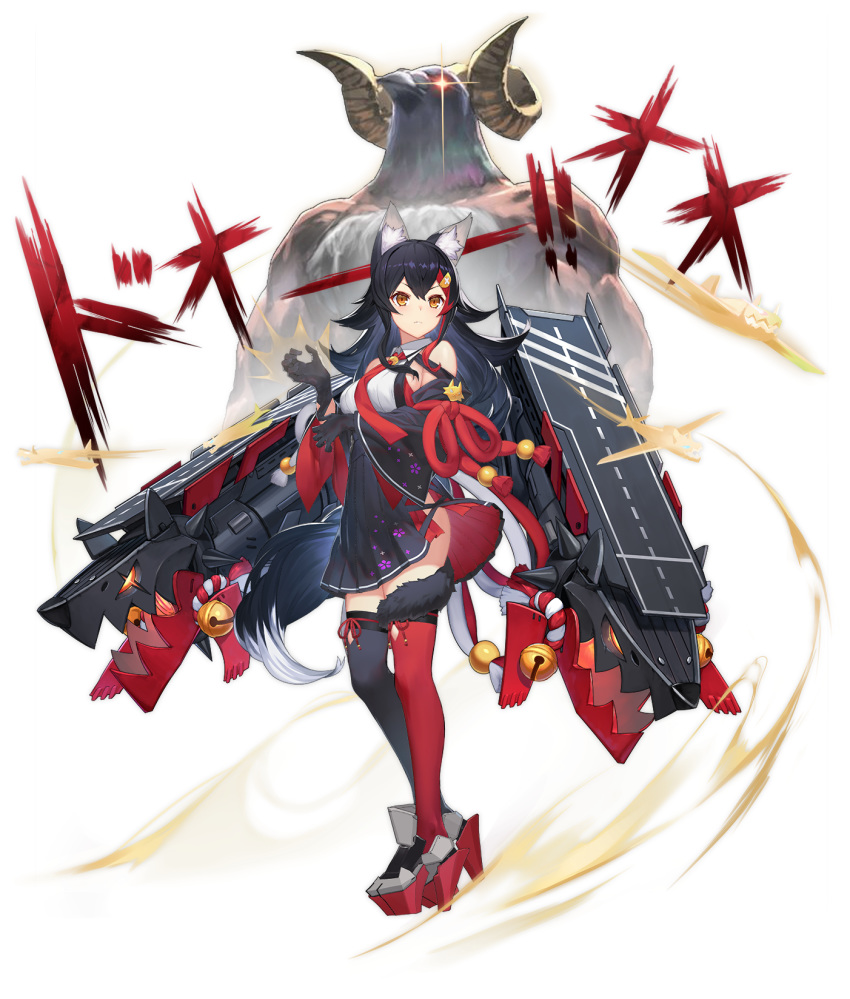 1girl aircraft animal_ear_fluff animal_ears azur_lane bare_shoulders bell black_dress black_gloves black_hair black_legwear breasts closed_mouth creature curled_horns detached_sleeves dress flight_deck gloves hatotaur high_heels highres hololive jingle_bell kouhaku_nawa long_hair long_sleeves looking_at_viewer machinery medium_breasts mismatched_legwear multicolored_hair necktie official_art ookami_mio orange_eyes red_legwear rope solo standing streaked_hair tail thighhighs transparent_background v-shaped_eyebrows virtual_youtuber wakaba wide_sleeves wing_collar wolf_ears wolf_girl wolf_tail zettai_ryouiki