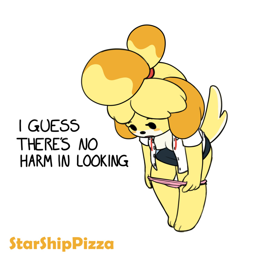 1:1 animal_crossing anthro bell blush blush_stickers canid canine canis clothed clothing dialogue domestic_dog english_text female fur hair hi_res isabelle_(animal_crossing) mammal nintendo panties shih_tzu short_stack starshippizza text toy_dog underwear video_games white_body white_fur yellow_body yellow_fur