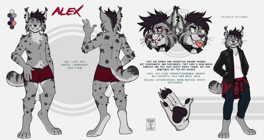 5_fingers blood bobcat bodily_fluids clothed clothing cut_(disambiguation) english_text eyewear felid feline fingers fur glasses hair korbin looking_at_viewer lynx mammal model_sheet paws piercing smile teeth text tongue tongue_out