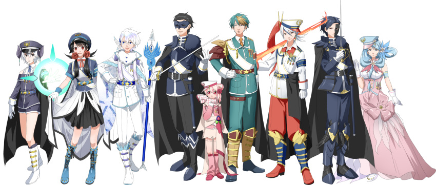 4girls 5boys alcremie black_hair blue_hair boots breasts butterfree cape cinderace clenched_hand corviknight drednaw dress frosmoth hand_on_hip hat hatterene highres holding holding_sword holding_weapon indeedee large_breasts mask multiple_boys multiple_girls muwakahiro over_shoulder pants personification pink_dress pink_hair pocket pokemon polearm rapier shorts spear standing sword weapon white_background white_cape white_hair white_headwear white_legwear white_pants wristband