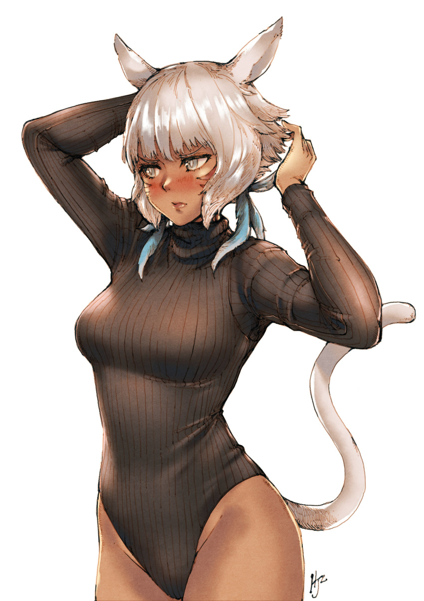 1girl absurdres animal_ears arms_up artist_name bangs blush breasts cat_ears cat_girl cat_tail closed_mouth commentary_request dark_skin facial_mark final_fantasy final_fantasy_xiv haimerejzero hair_ribbon highleg highleg_leotard highres leotard lips long_sleeves medium_breasts miqo'te ribbon shiny shiny_hair short_hair signature silver_hair simple_background sweater tail thighs turtleneck white_background y'shtola_rhul