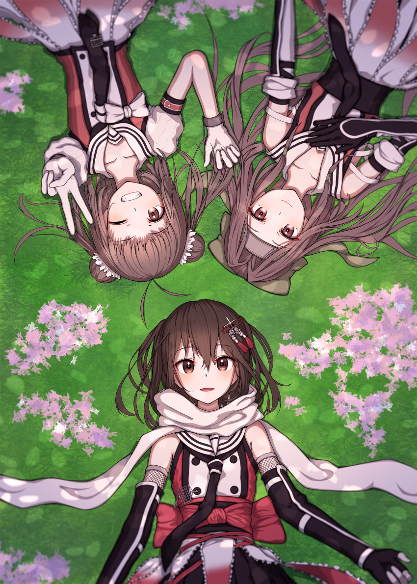 3girls absurdres antenna_hair bangs black_gloves black_neckwear black_skirt blush brown_eyes brown_hair circle_formation double_bun elbow_gloves eyebrows_visible_through_hair forehead_protector gloves grin hair_intakes hair_ornament hair_ribbon hand_on_own_chest headband highres jintsuu_(kantai_collection) kantai_collection long_hair lying multiple_girls naka_(kantai_collection) necktie on_back one_eye_closed open_mouth rankebu remodel_(kantai_collection) ribbon sailor_collar scarf school_uniform sendai_(kantai_collection) serafuku short_sleeves skirt smile two_side_up v white_gloves white_scarf