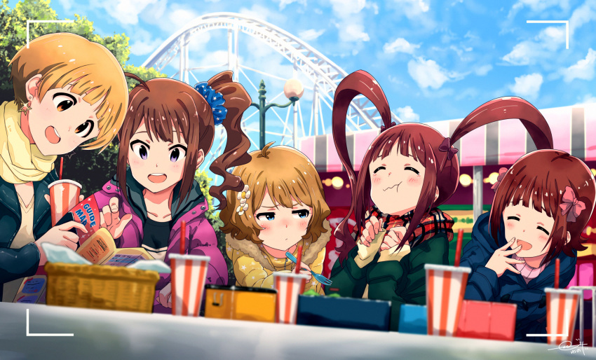 5girls ahoge amami_haruka blonde_hair blue_eyes blush bracelet brown_eyes brown_hair collar collarbone cute_&amp;_girly_(idolmaster) drill_hair earrings food fukuda_noriko green_eyes hair_ornament hair_ribbon highres idolmaster idolmaster_million_live! jewelry k_a_z long_hair matsuda_arisa multiple_girls open_mouth purple_eyes ribbon short_hair side_drill side_ponytail suou_momoko yokoyama_nao