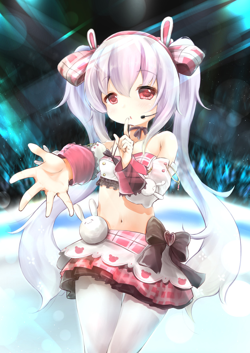 1girl absurdres animal_ears azur_lane bangs black_bow bow breasts bunny_ears collarbone commentary_request detached_sleeves eyebrows_visible_through_hair hair_between_eyes hair_bow hairband hand_up headset heart highres huge_filesize index_finger_raised laffey_(azur_lane) long_hair long_sleeves maru_shion midriff navel pantyhose parted_lips pink_hair plaid plaid_bow plaid_skirt pleated_skirt red_bow red_eyes red_hairband red_skirt shirt silver_hair single_strap skirt small_breasts solo twintails very_long_hair white_legwear white_shirt white_sleeves